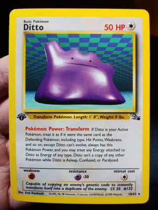 Vintage Wotc Pokemon Card Team Fossil Rare 1st Edition Ditto 18/62 Nm