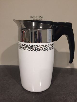 Vintage Corning Ware 6 Cup Stove Top Coffee Pot Platinum Filigree Pattern - Rare