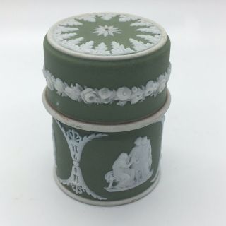 Rare Antique Wedgwood Green Dipped Jasperware Cylinder Match Box Holder Strike