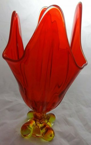 Rare Vintage Viking Glass Epic Drape Line Red And Yellow Footed Vase - Mid - Century