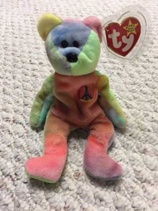 1996 Ty Beanie Babies Peace Tie - Dye Bear - Rare With Tag Errors
