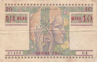 10 Mark Fine Banknote Saar/french Occupied Germany 1947 Pick - 5 Rare