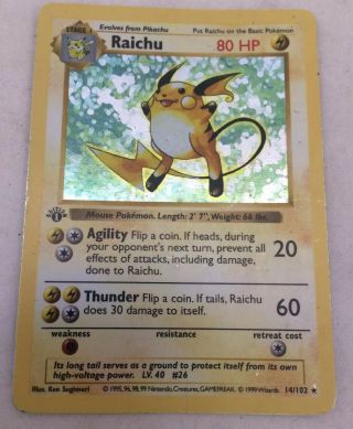 Raichu Base Set 1st Edition Shadowless Pokemon Card 14/102 Holo Rare Wizard 1999