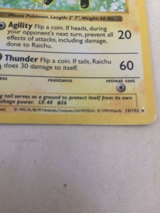 Raichu Base Set 1st Edition Shadowless Pokemon Card 14/102 Holo Rare Wizard 1999 7