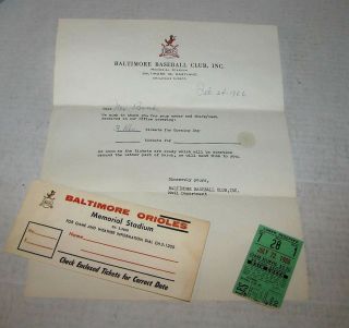 July 23 1966 Baltimore Orioles Ticket Stub And Rare Envelope Plus Letter