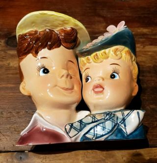 Vintage Ucagco Ceramic Double Head Vase Kitschy Winking Man & Girl In Hat Rare