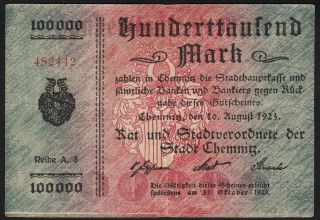 1923 100,  000 Mark Chemnitz Germany Rare Old Vintage Emergency Money Banknote Vf