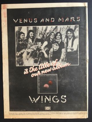Paul Mccartney And Wings “venus & Mars” 13x17” Rare 1975 Promo Ad
