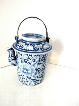 Lotus Blue And White Rare Teapot With Wire Handle Asian Porcelain
