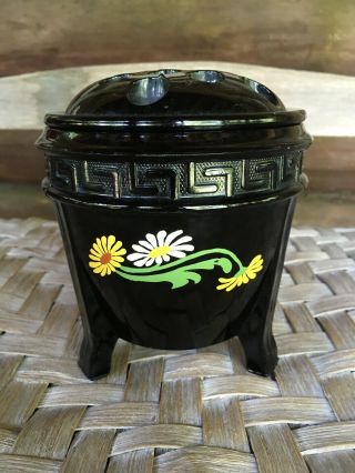 Vtg Rare.  L E Smith Black Glass Greek Key Flower Frog Vase With Flower Design