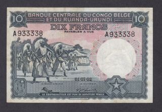 Belgian Congo 1952 10 Francs P - 22 Sn A933338 Rare