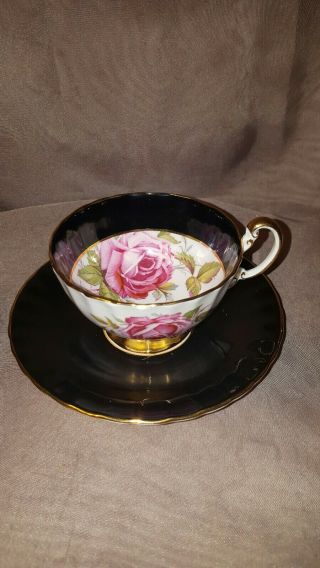 Rare Aynsley Tea Cup & Saucer Black With Large Pink Roses Gold Trim England