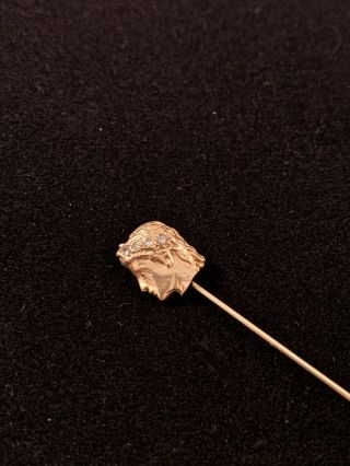 Rare Vintage Art Nouveau 14k Yellow Gold Stick Pin: Mans Face W/ Diamond Crown
