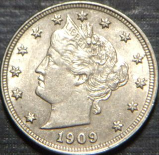 Rare 1909 Liberty Nickel Au,  Full Strong Liberty Strong Date Fields Lqqk