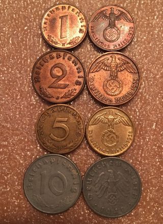 German Nazi Wwii 1 - 2 - 5 - 10 Reichspfennig Coin Set - Eagle W/ Swastika - Rare