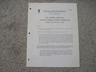 Rare 1966 Pontiac Dealers Price Schedules W/all Options Available Nr