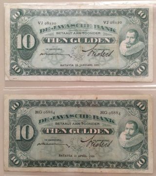 Rare Pair Banknote Netherlands Indies,  Javasche Bank 1930 (p - 70) 10 Gulden X 2