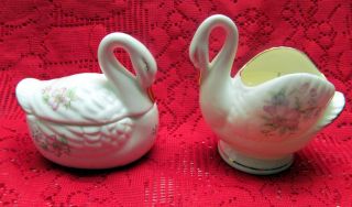 Rare Set Vintage Lefton Bone China Swan Trinket Box & Candle W/flowers