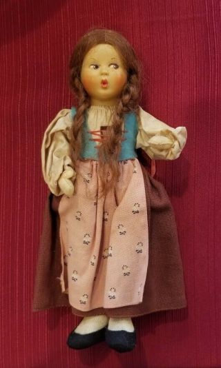 Vintage 8.  5 " Baitz German Doll - Red Hair W/rare Felted Hands & Mohair Pigtails