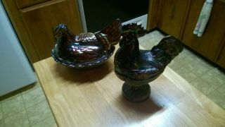 Rare Fenton Large Iridescent Carnival Glass Hen And Rooster Candy Dish Exc