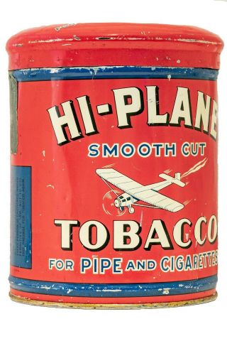 Rare 1910s " Hi - Plane " Litho Dome Top Cylindrical Tobacco Tin In