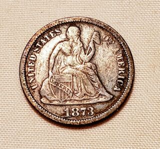 1873 Open 3 Seated Liberty Dime - Rare Attractive Vf Coin