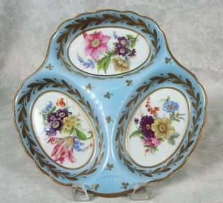 Vintage Rare L Blue Birks Limoges Porcelain Floral Divided 3 - Lobed Pickle Dish