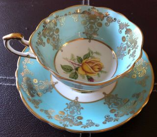 Rare Paragon England Tea Cup & Saucer Yellow Rose Blue Turquoise Aqua Gold Trim