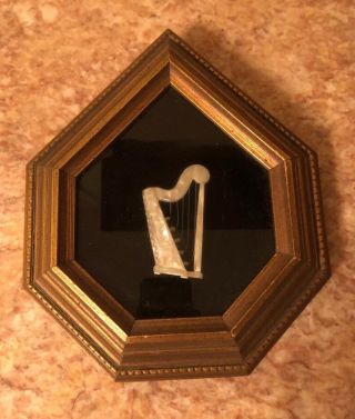 Rare Victorian Wooden Shadow Box Frame Heptagon 7 Side With Mother Of Pearl Harp