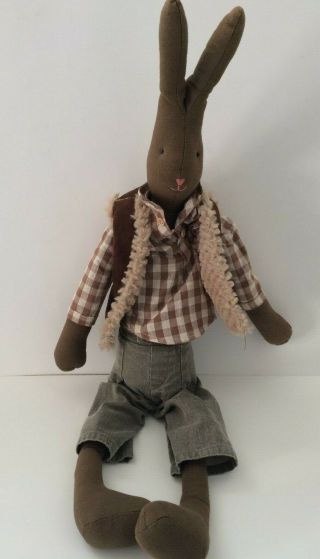 Rare 28 " Maileg Brown Rabbit Bunny Boy With Suede Vest Checkered Shirt And Pants