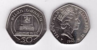 Isle Of Man - Rare 50 Pence Unc Coin 1990 Year Km 212 Computer
