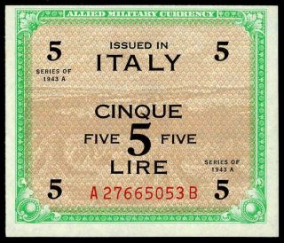 Italy 5 Am Lire 1943 Unc.  Flc Alleid Military American Occupation Rare Banknote