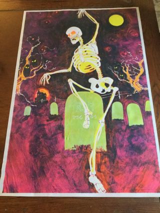 Rare 1972 Vinyl Blacklight Poster Ideal Toy Corp.  Skeleton Graveyard Monster