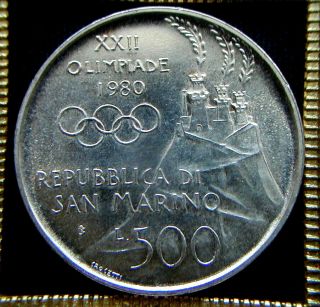 1980 San Marino Italy Rare Silver 500 Lire Coin Unc Russia Olympic Moscow