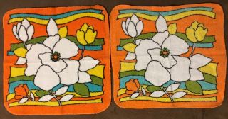 Vintage Fieldcrest Orange Wash Cloths 100 Cotton Flowers Rare Usa Made