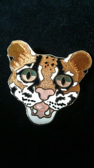 William Wm Spear 1986 Cloisonne Enamel Inlay Cat Leopard Tiger Handmade Pin Rare