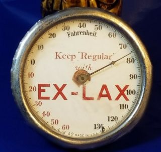 1920s " Keep Regular With Ex - Lax " Drug Medicine Metal Round Thermometer Sign Rare