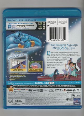 Walt Disney ' s Aladdin Diamond Edition Blu - ray/DVD Widescreen Rare HTF OOP 2