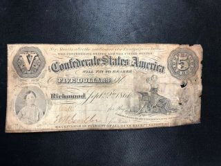 T - 32 1861 $5 Five Dollars Csa Confederate States Of America Rare