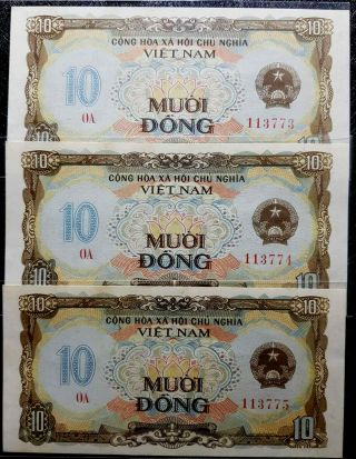 1980 Vietnam 10 Dong Banknote Consecutive 3pc UNC Rare (, 1 B.  note) D7165 2