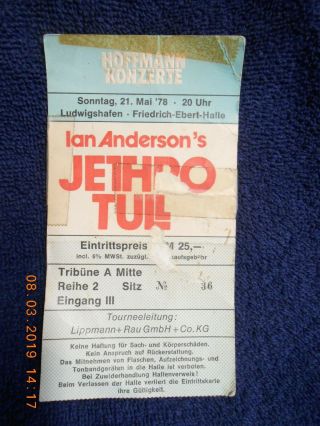 1978 Rare Jethro Tull Concert Ticket Stub - Ludwigshafen Germany
