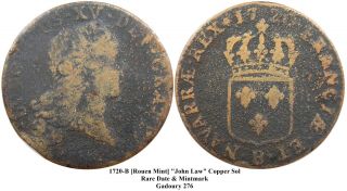 1720 - B French Colonies John Law Coper Sol,  Very Rare,  Redbook Listed Coin