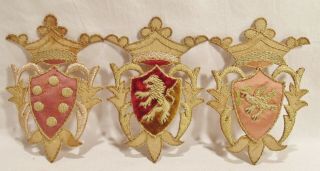 3 Rare 19th Century Gold Bullion Hand Stitched Coat Of Arms,  Patches.  Lion,  Bird