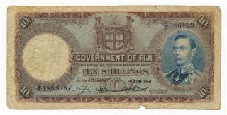 Fiji 10 Shillings Note 1951 George Vi Rare