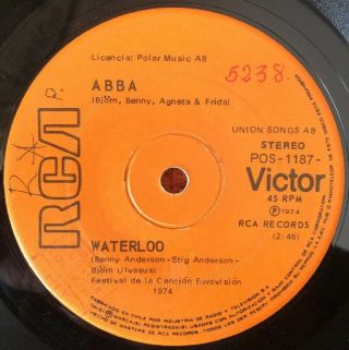Abba - Chile Rare Promo Single Waterloo/wach Out 1974 Vg,  45 Rpm 7 "