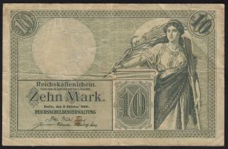1906 10 Mark Germany Rare Antique Vintage Paper Money Banknote Currency P 9b F