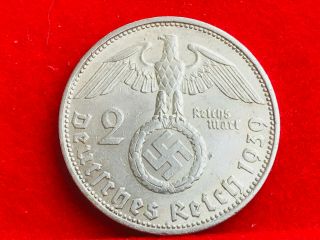 2 Reichsmark 1939 D With Nazi Coin Swastika Silver Brilliant - - Rare - - -