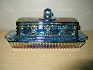 Vintage Iridescent Blue Indiana Carnival Glass Butter Dish Rare Windsor Pattern