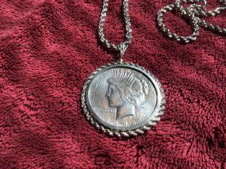 Rare 1928 S Sterling Silver Dollar Mounted On 24” Heavy Sterling Rope Necklace 2