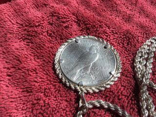 Rare 1928 S Sterling Silver Dollar Mounted On 24” Heavy Sterling Rope Necklace 3